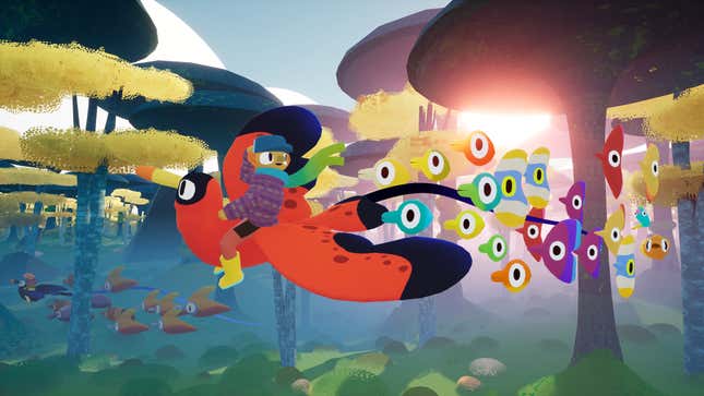 The characters are riding a large bird-like creature with smaller creatures following them through the forest, the Flock